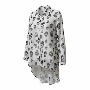 Skull Plus Size XL-2XL Print Sheer Blouse Hi-Low Goth Button Front